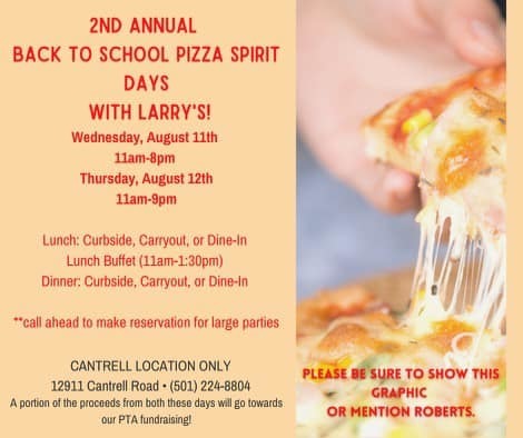 photo of pizza and details of spirit night